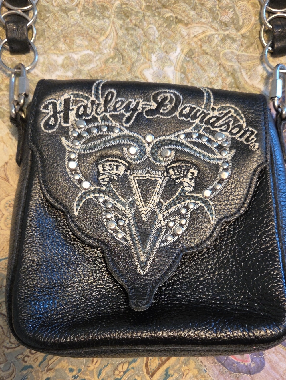 Harley-Davidson Black Leather Studded Heart Motif Bag - Picture 2 of 9